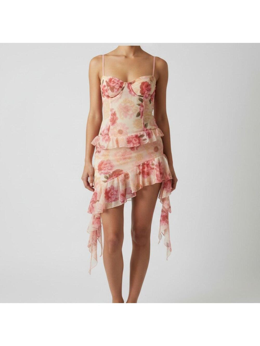 LIGHT PINK FLORAL CHIFFON FRILL DRAPE MINI DRESS